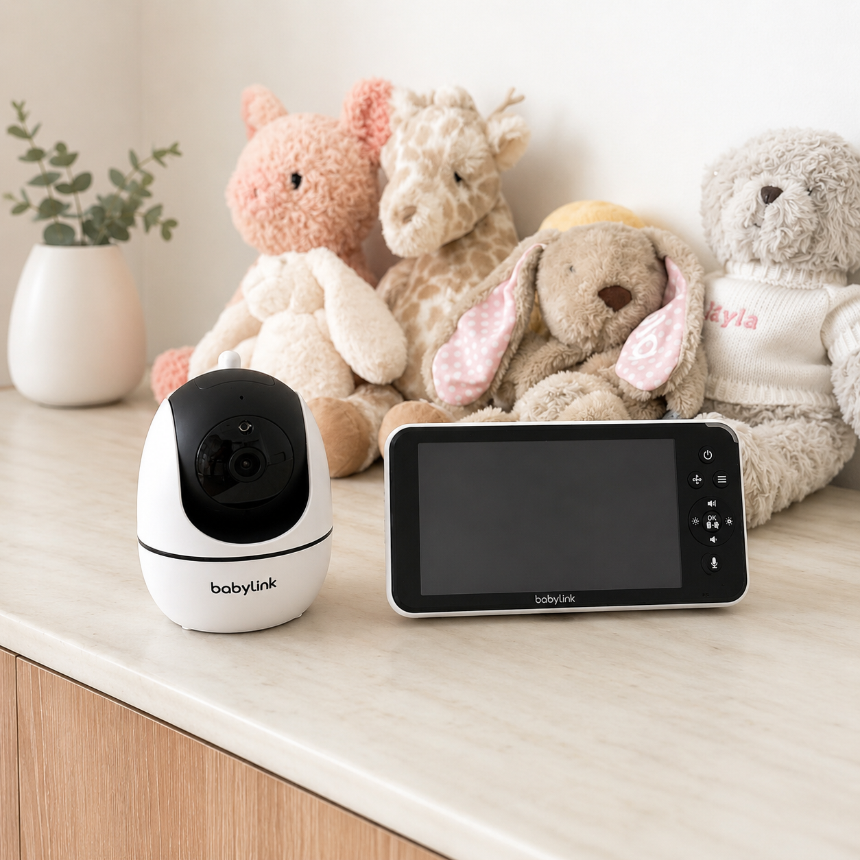 Baby monitor with screen and camera on a surface with stuffed animals in the background