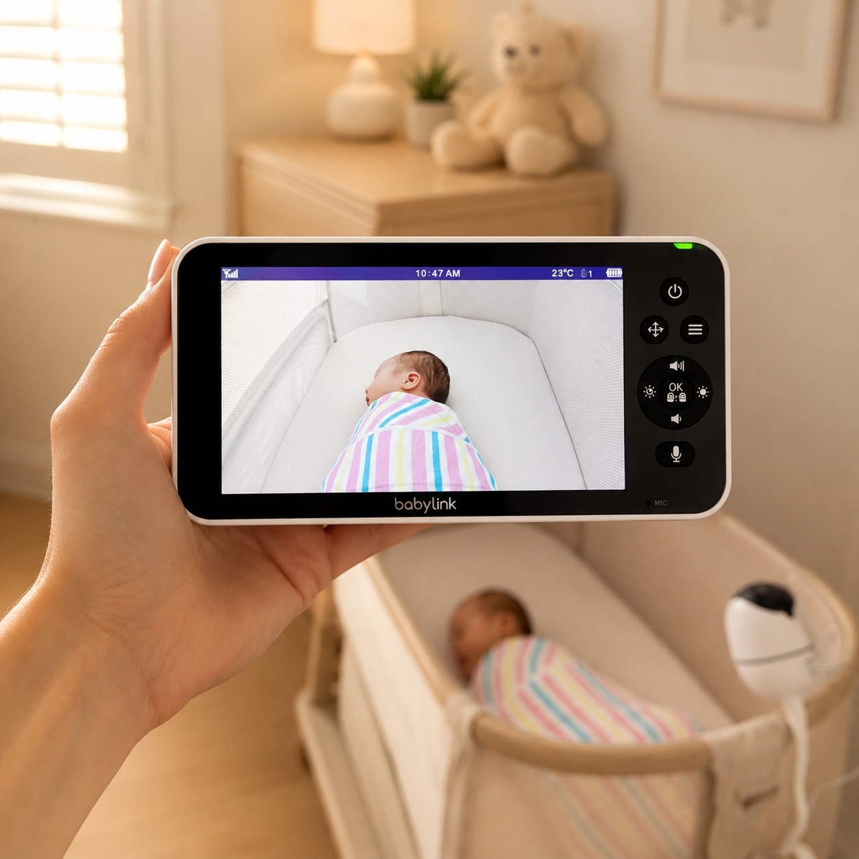 Person holding a BabyLink monitor showing a baby in a crib.