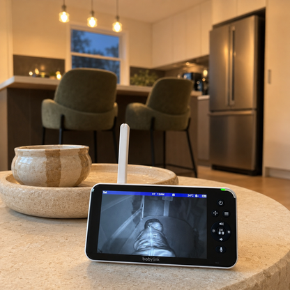 A baby monitor camera with a white antenna sits on a light stone table in a modern kitchen setting. The screen displays a live feed of a baby's tummy, with two green chairs and a stainless steel refrigerator blurred in the background.